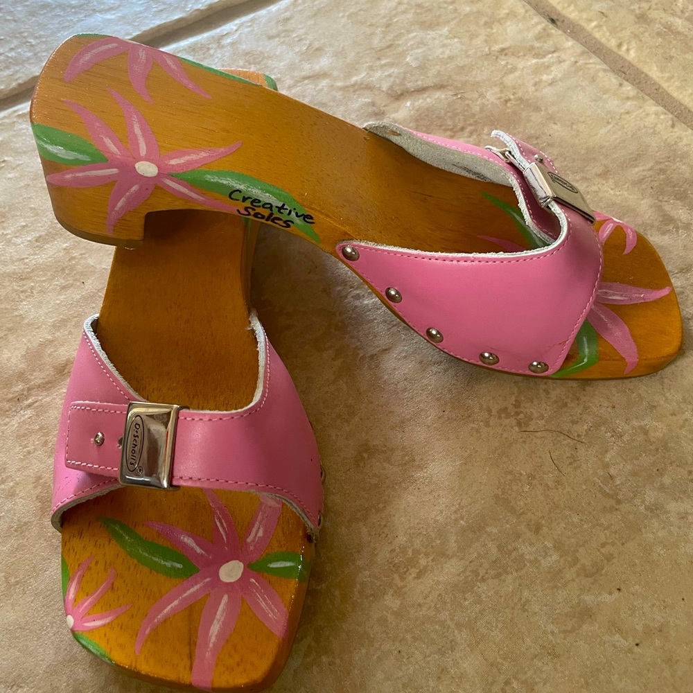 COPY - Dr. Scholl's | RARE Vintage Pink w/Pink Flower, Leather Studded Wooden C…